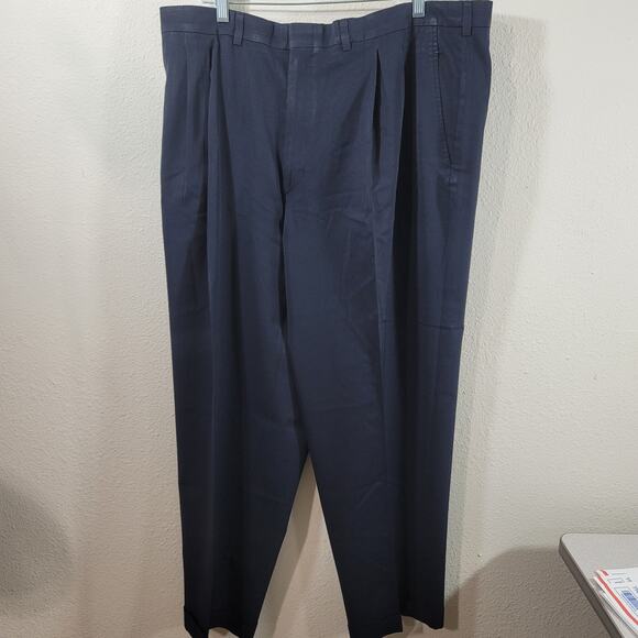 Lycra Plus Navy Blue Pleated Front Dress Pants 42 Slashed Pocket Cuffed Hem soft - Picture 1 of 5